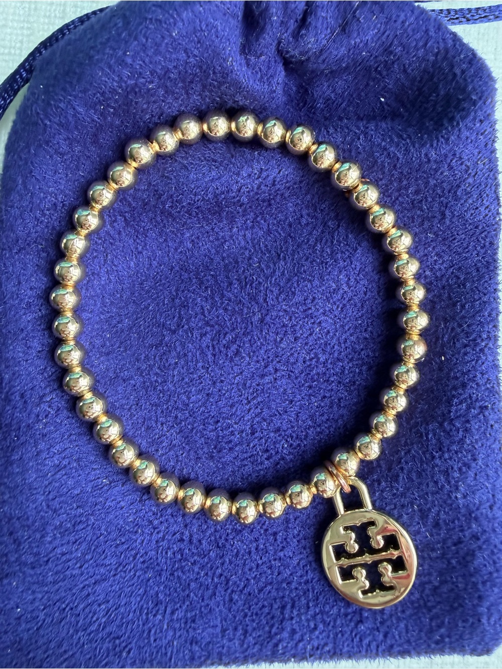 Like New Tory Burch Gold Beaded Charm Bracelet w/ Tory Burch Pouch & Gift Bag
